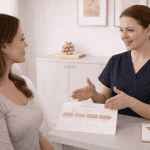 Aesthetic provider explaining a treatment timeline to a patient during consultation