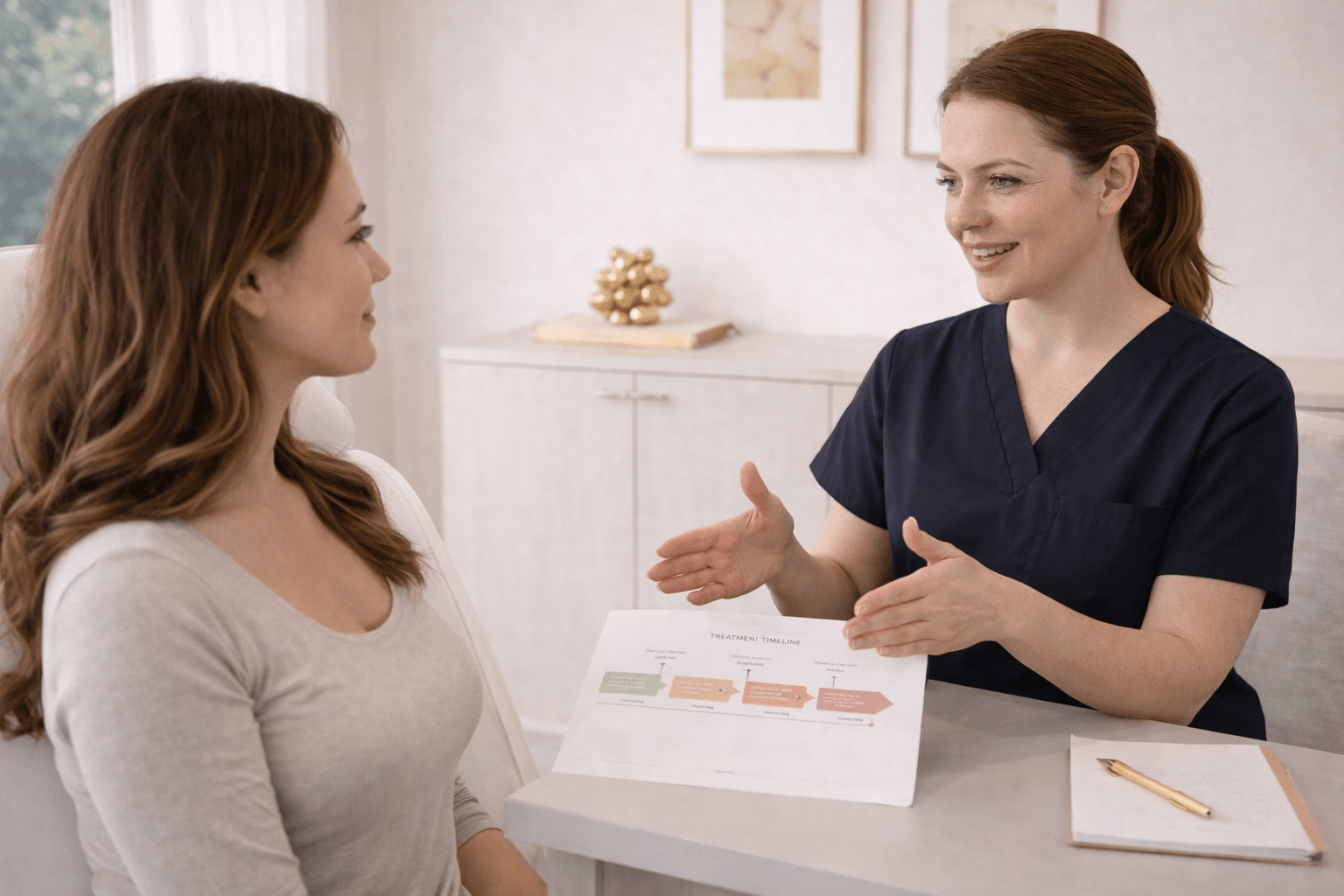 aesthetic provider explaining a treatment timeline to a patient during consultation