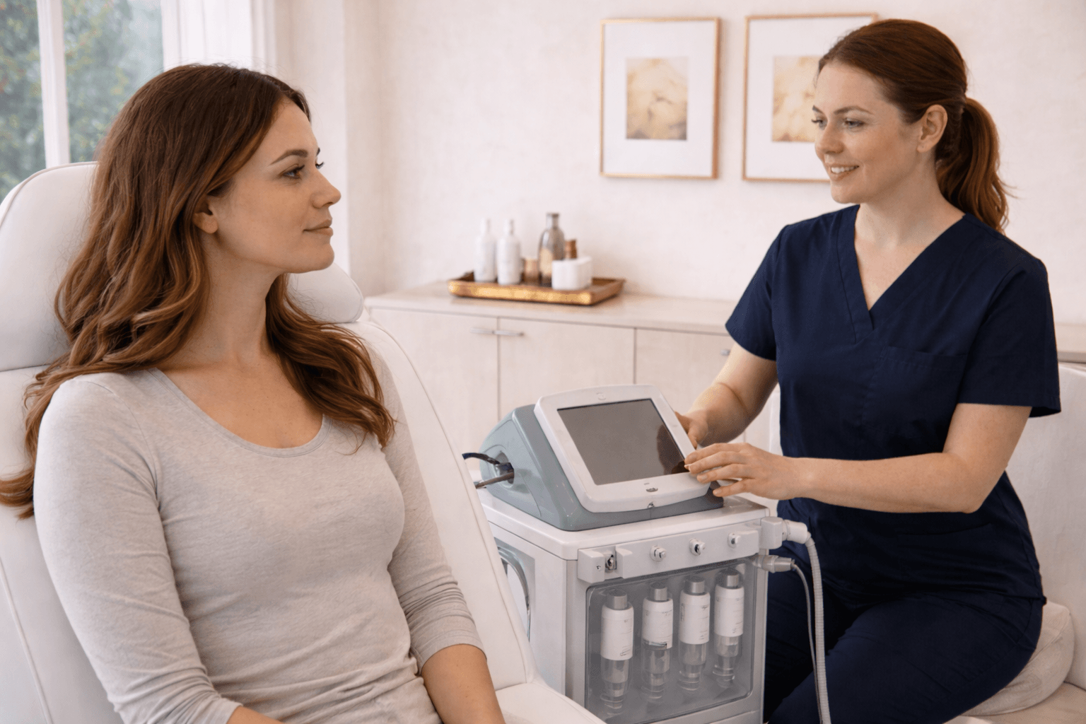aesthetic provider explaining skin treatment device to patient