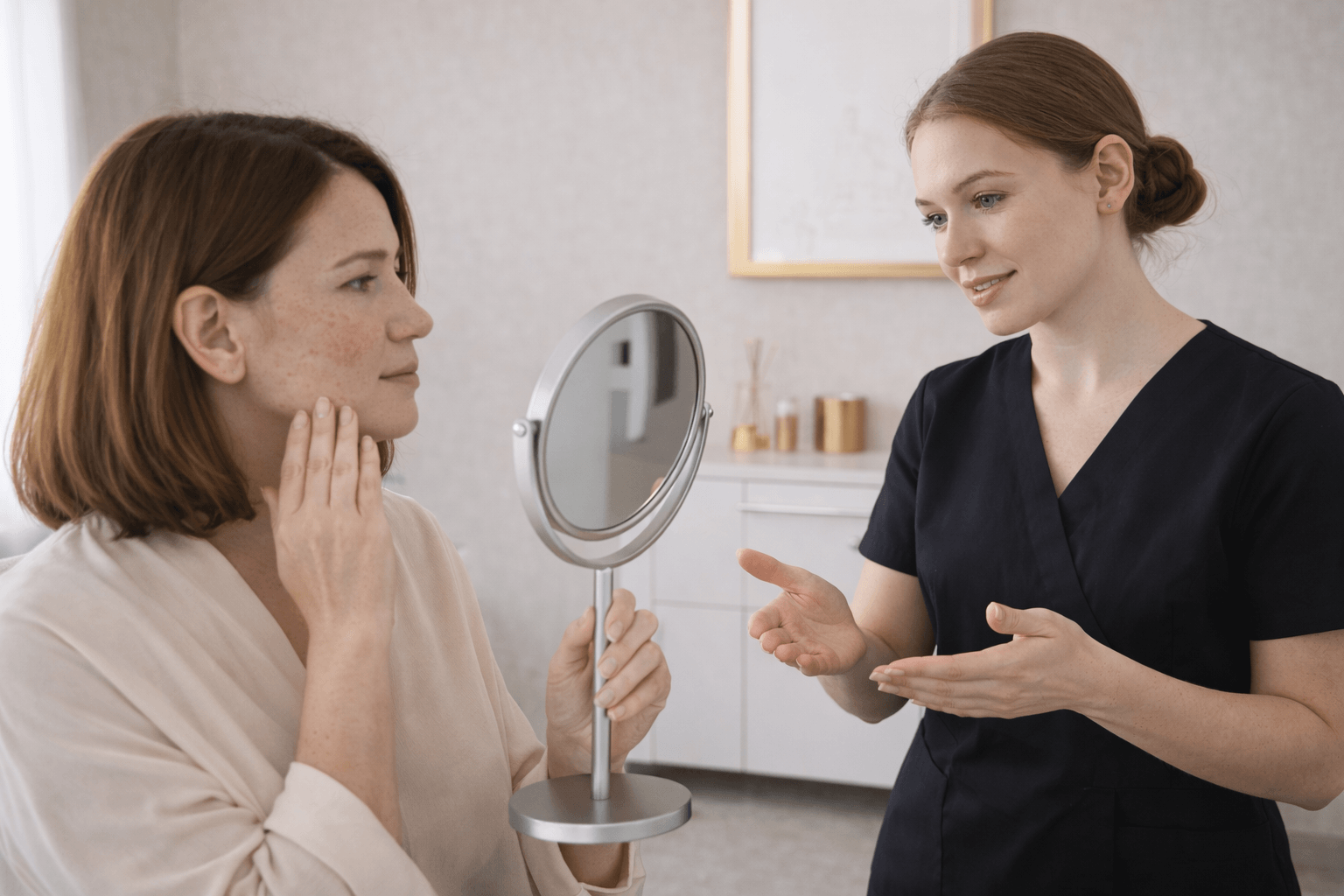 patient examining facial areas in mirror during filler consultation