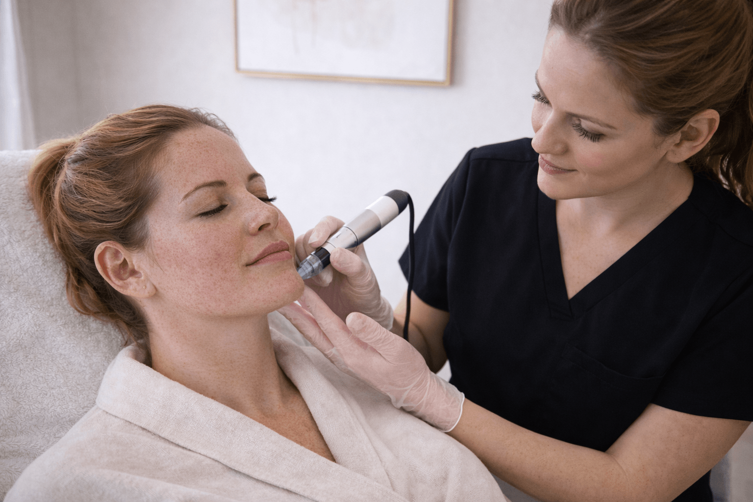 patient receiving microneedling facial treatment from aesthetic provider