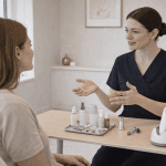 Provider discussing skincare products and treatment options with patient