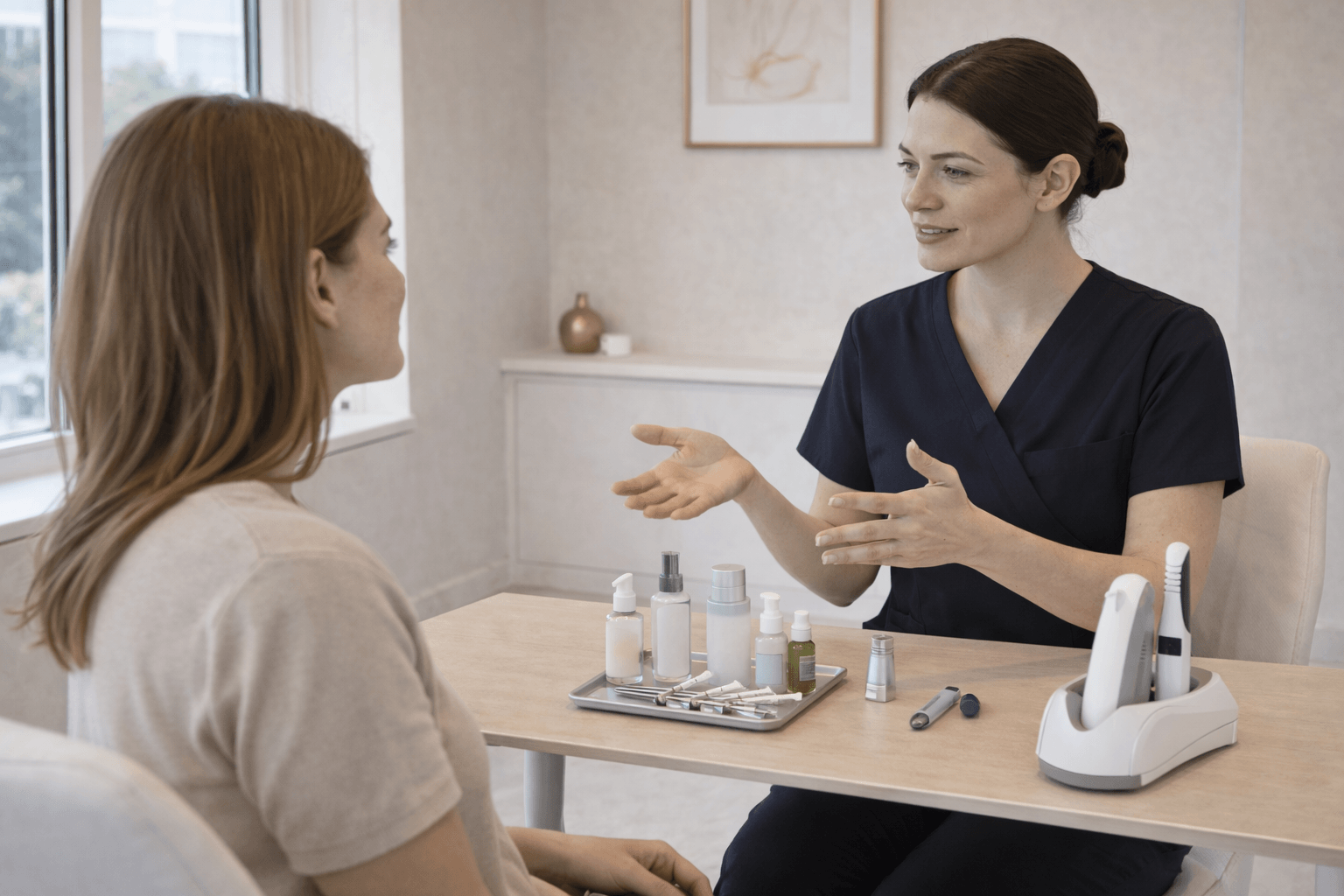 provider discussing skincare products and treatment options with patient