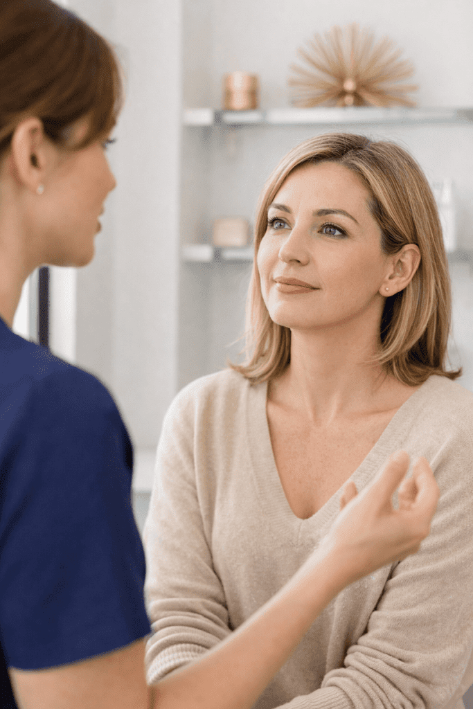 client-focused skincare consultation discussing personalized treatment options in a modern medspa setting