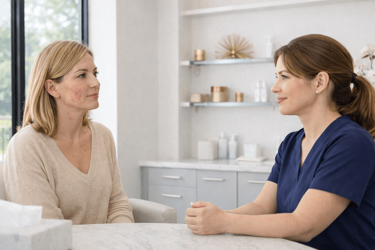 acne skin consultation with a skincare specialist creating a personalized treatment plan in a luxury medspa