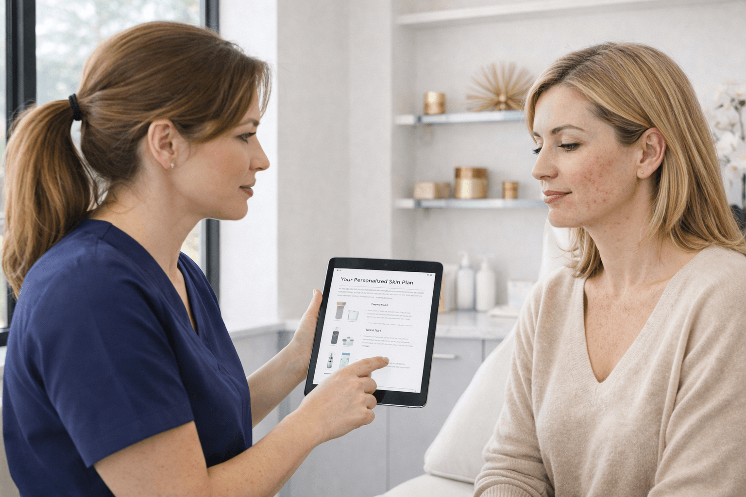personalized skincare plan review with a specialist using a tablet during a professional medspa consultation