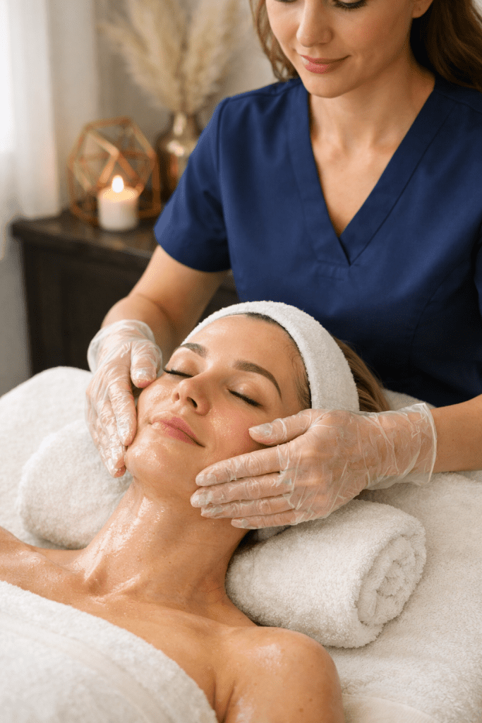 diamondglow facial treatment being performed by an aesthetician using a wand device to exfoliate and infuse skin for a radiant complexion