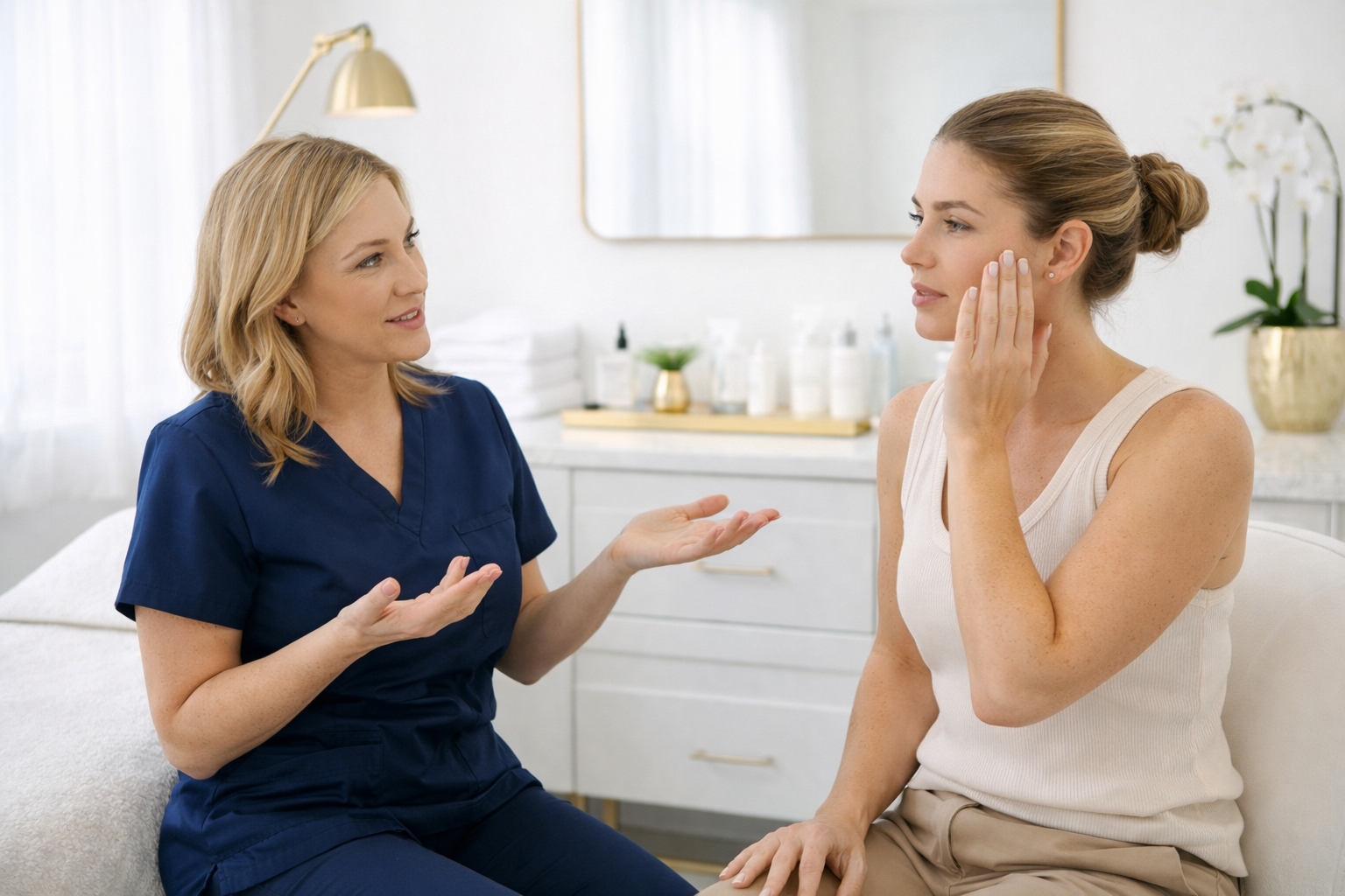 skin consultation discussing texture concerns between client and skincare specialist in a bright treatment room