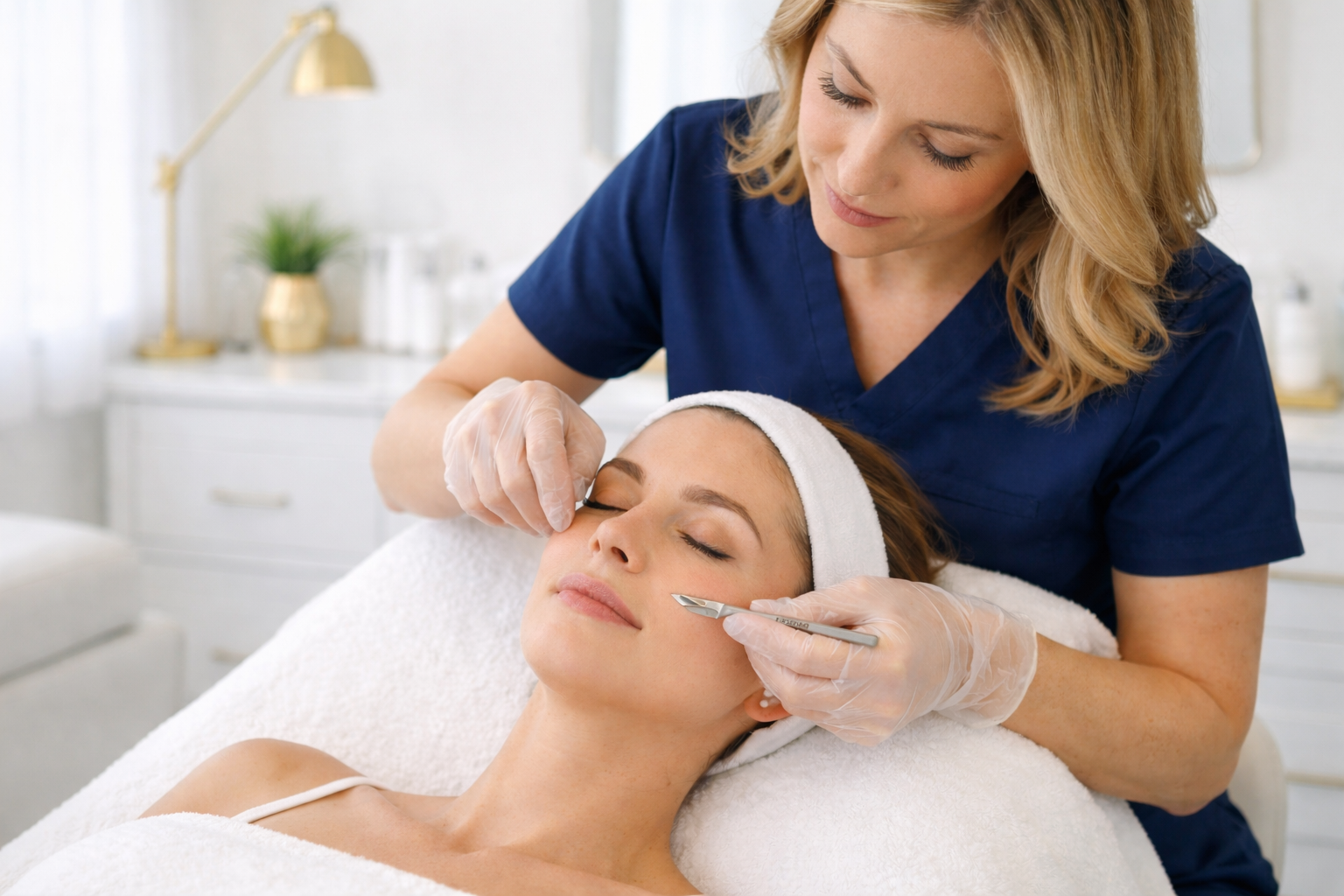 dermaplaning exfoliation treatment in progress with aesthetician using sterile blade in a clean clinical environment