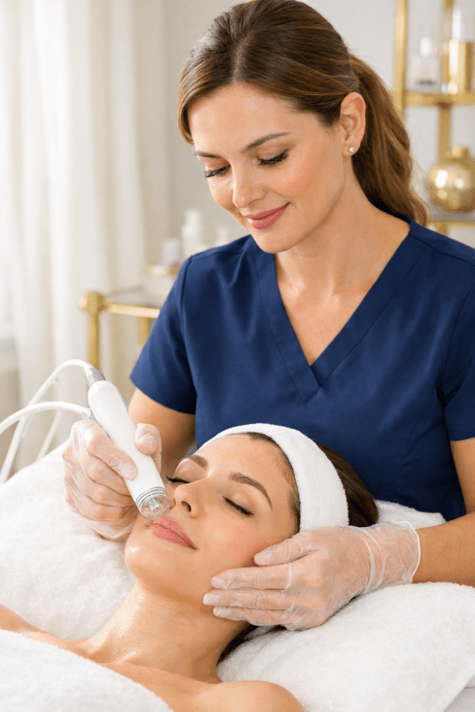 deluxe facial treatment with facial massage being performed by an aesthetician in a clinical spa setting
