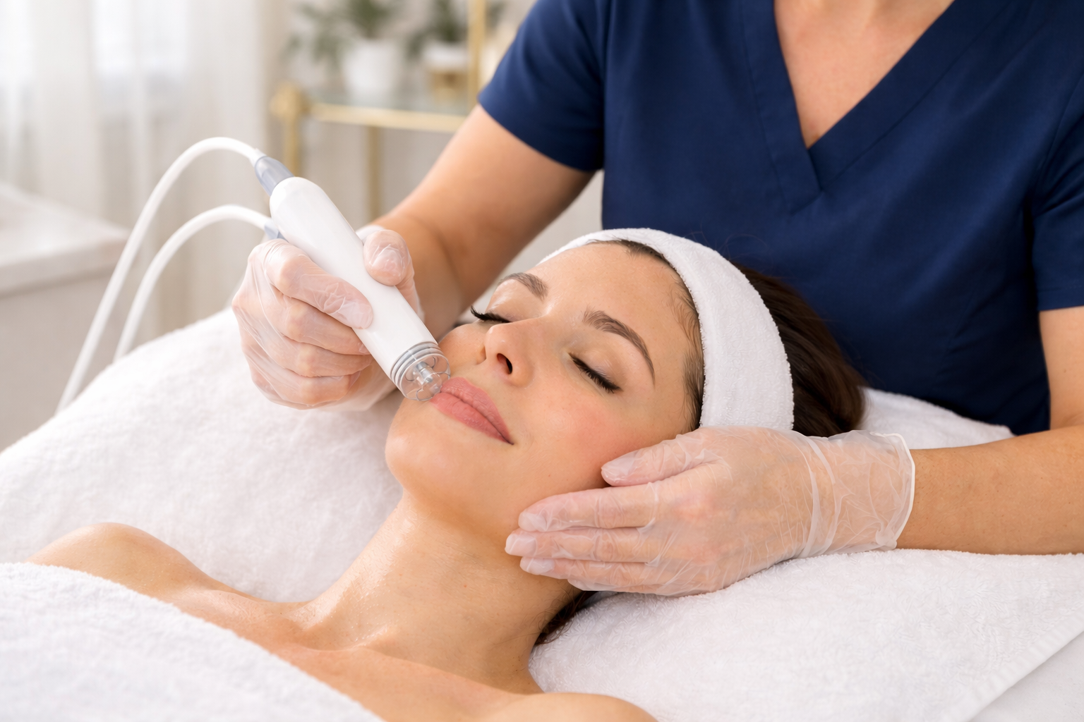 deluxe facial treatment in progress with aesthetician wearing gloves in a clean and bright clinical spa room