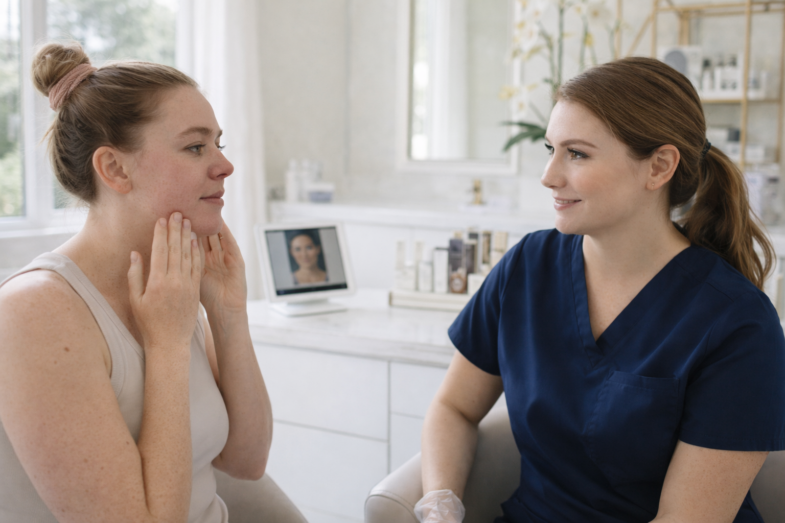 client consultation discussing uneven skin texture and tone before starting a customized diamondglow facial treatment