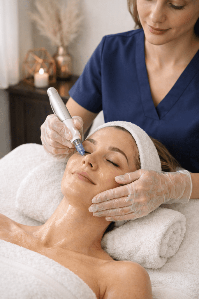 intensive glass skin facial with advanced microneedling treatment performed by aesthetician in a clinical spa