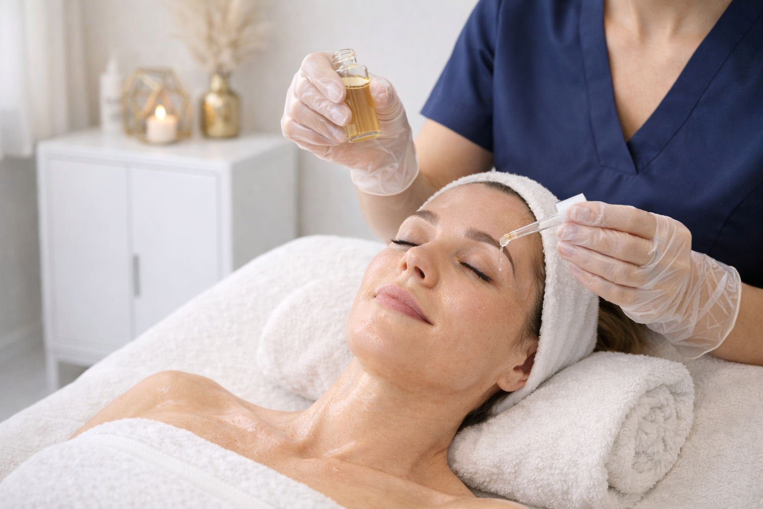 glass skin facial treatment with serum application after microneedling in a clean clinical spa environment