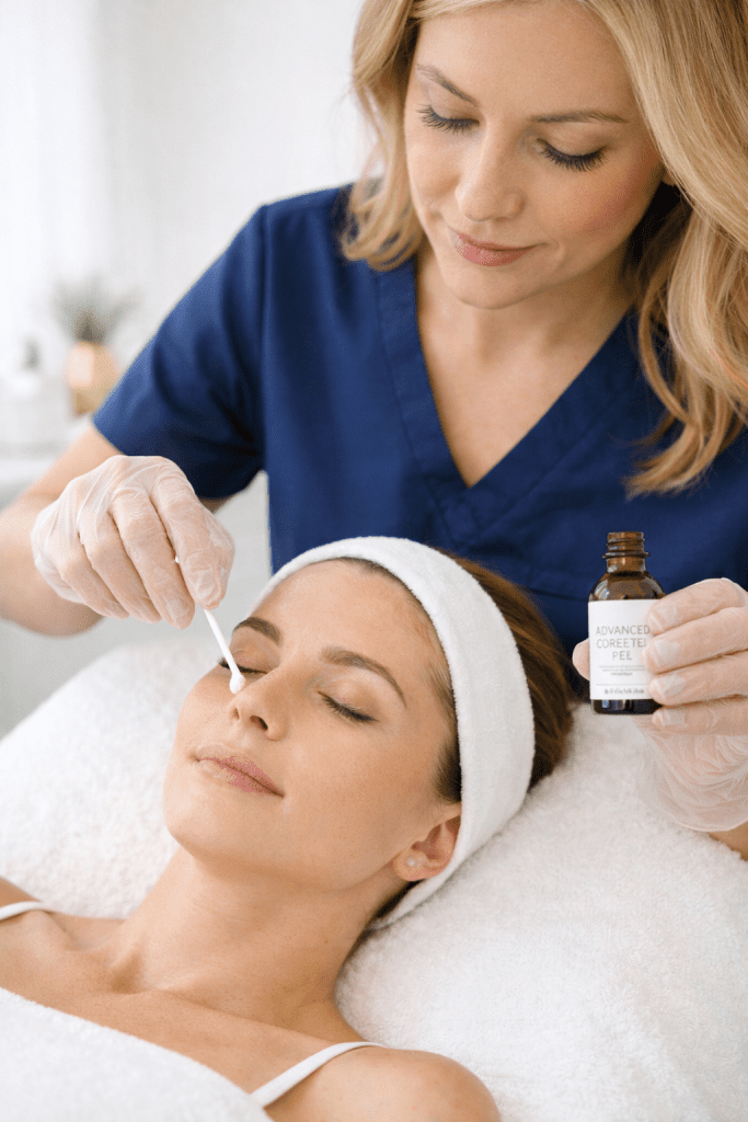 advanced corrective peel being applied by aesthetician using precise technique in a bright clinical spa setting