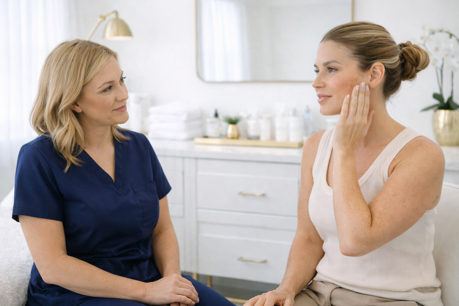 advanced corrective peel consultation discussing acne and pigmentation concerns with skincare specialist