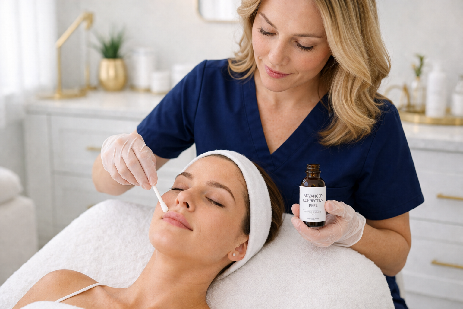 advanced corrective peel treatment in progress with aesthetician applying solution using precision tools