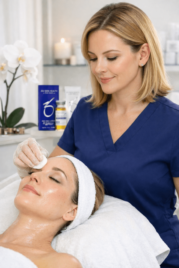 zo 3-step peel application by aesthetician wearing gloves in a bright, clean spa setting