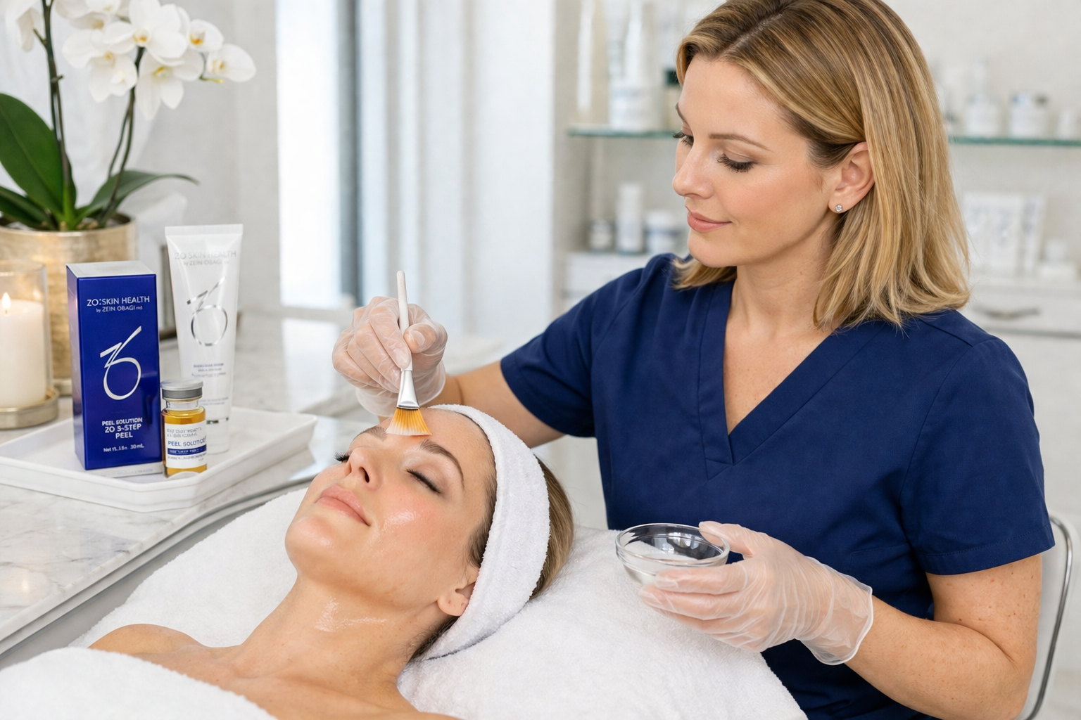 zo 3-step peel treatment in progress with precise application technique in a professional spa environment