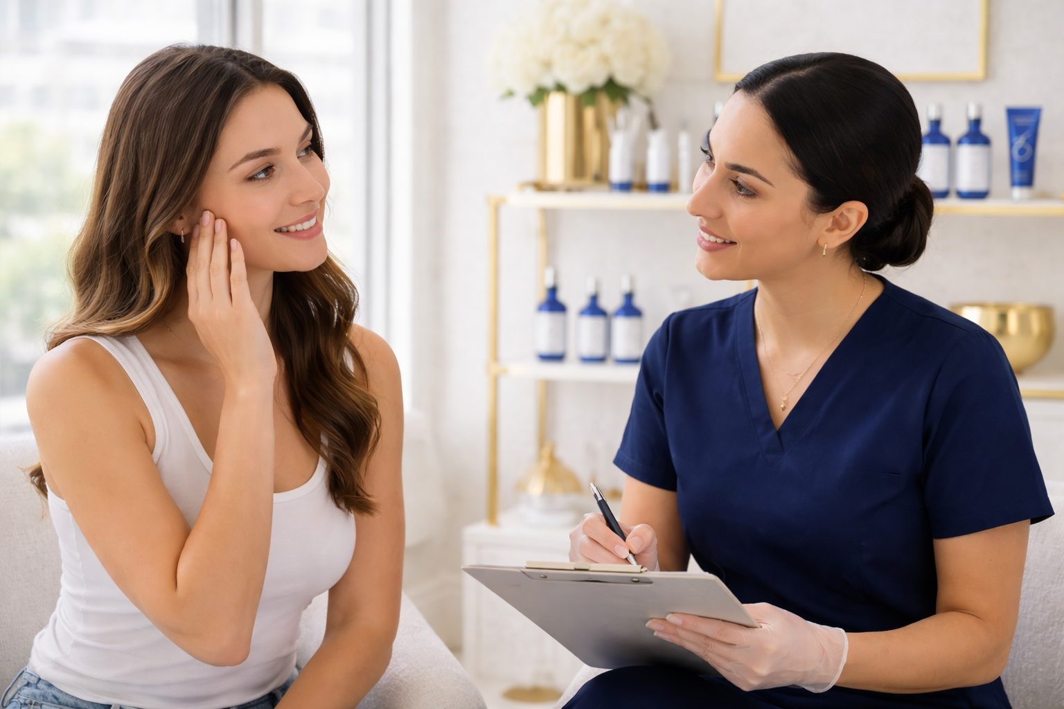 client discussing mild skin concerns with a skincare specialist before a stimulator peel treatment in a modern clinic