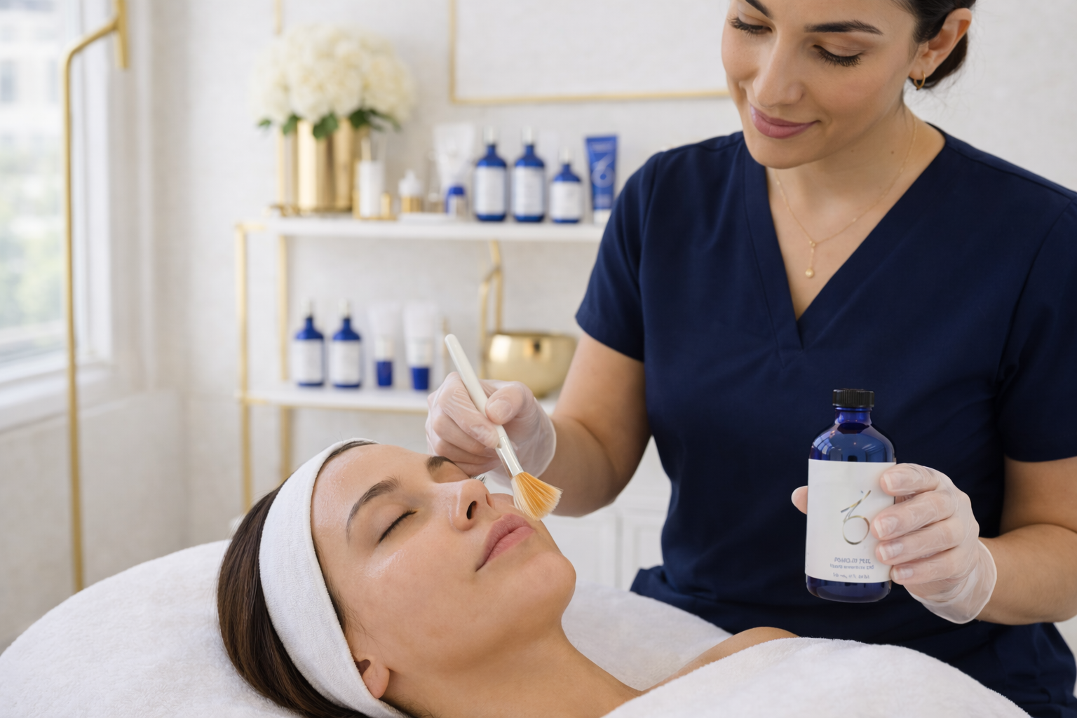 stimulator peel treatment in progress with an aesthetician applying a light chemical peel in a clean bright treatment room