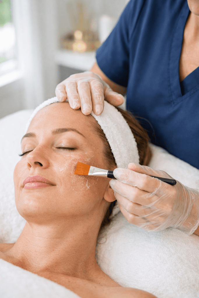 tca peel treatment being applied to client’s cheek by aesthetician in a modern medspa to improve skin texture and tone