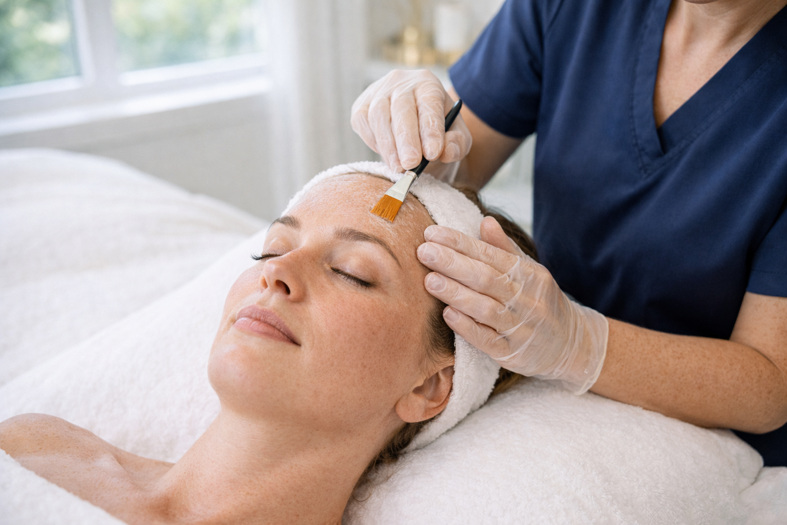 aesthetician applying tca peel treatment to client’s forehead with precision to enhance skin clarity and reduce imperfections