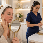 Woman examining signs of a damaged skin barrier in mirror