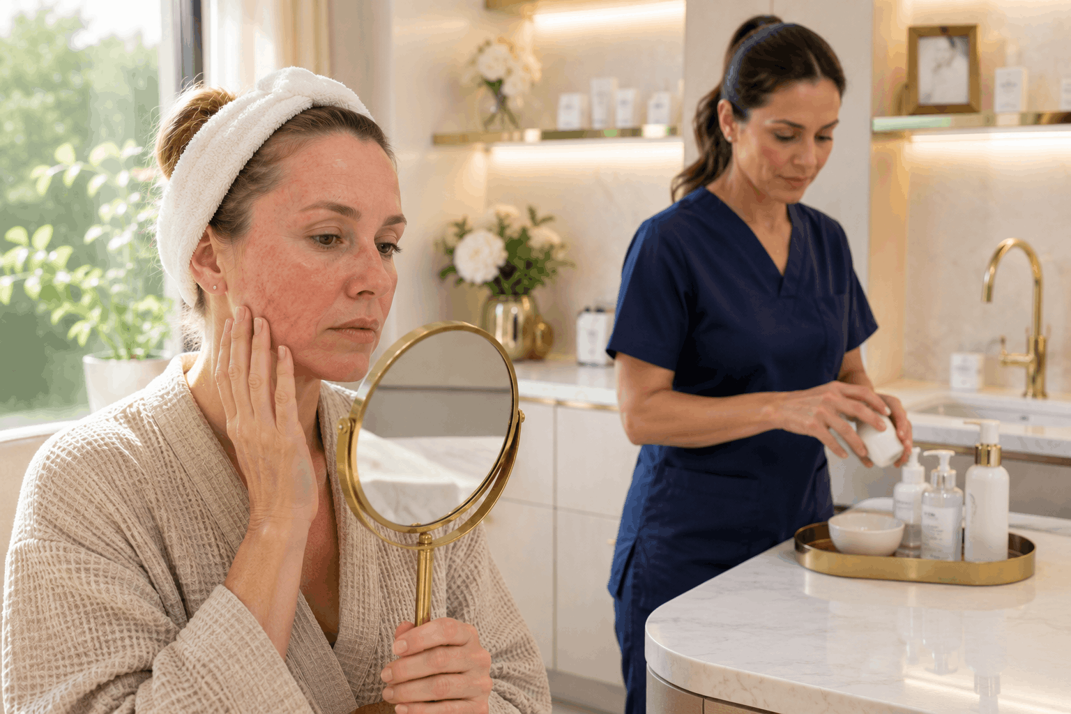 woman examining signs of a damaged skin barrier in mirror