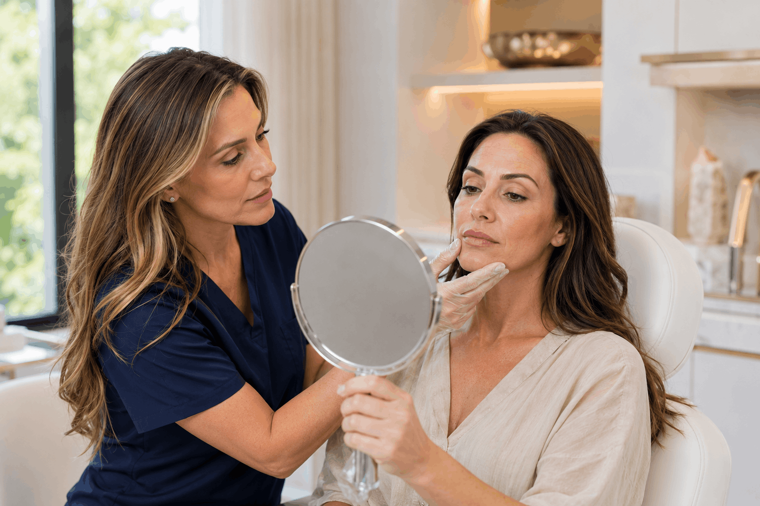 provider assessing facial filler placement during facial balancing consultation