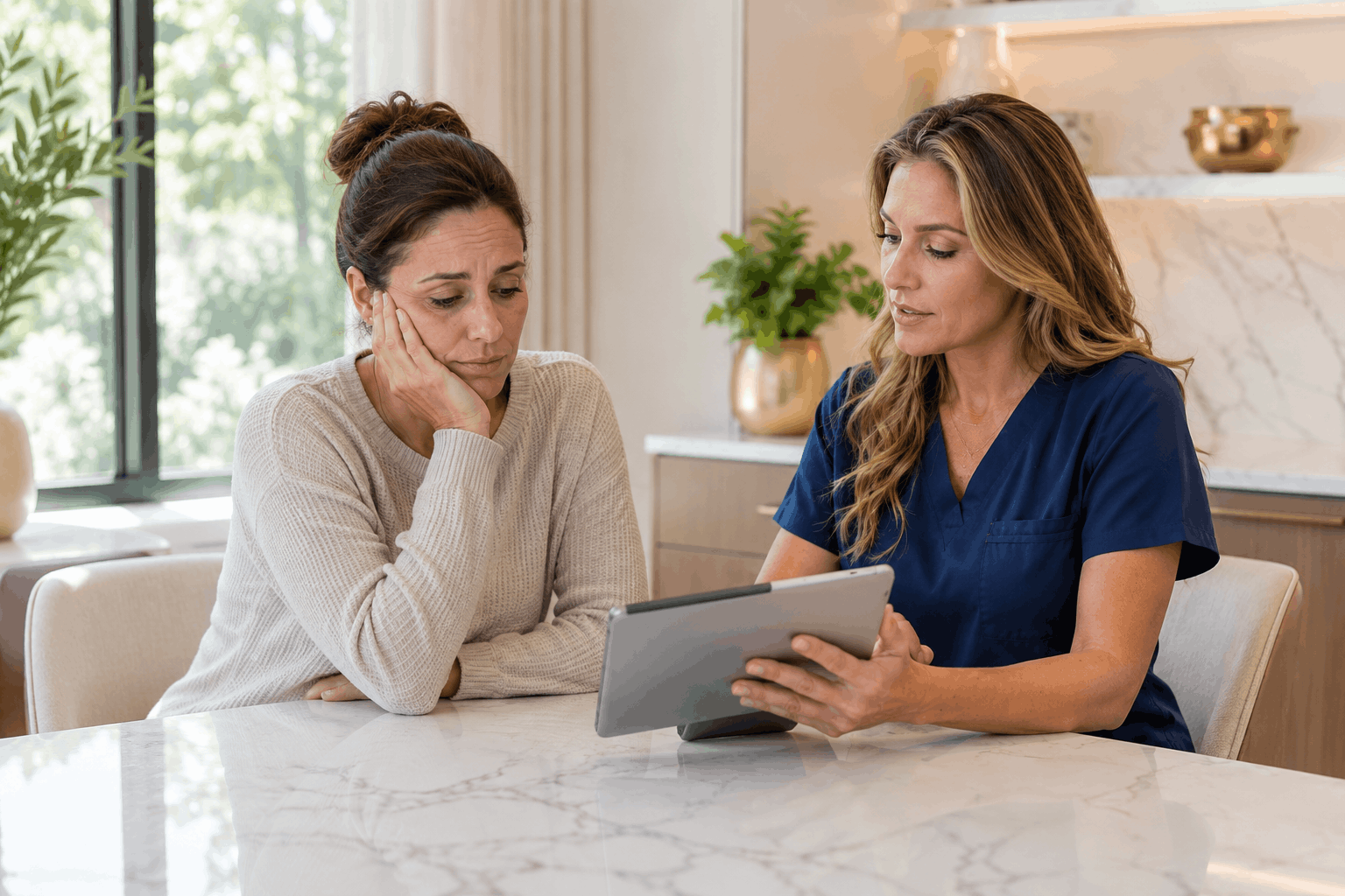 woman discussing high cortisol levels and weight loss concerns with wellness provider