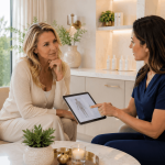 Perimenopause consultation discussing hormone-related skin and mood changes