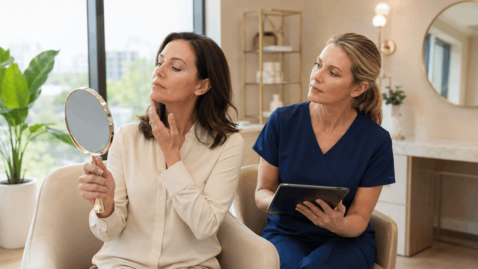 woman checking her jawline during a consultation about a double chin after weight loss.