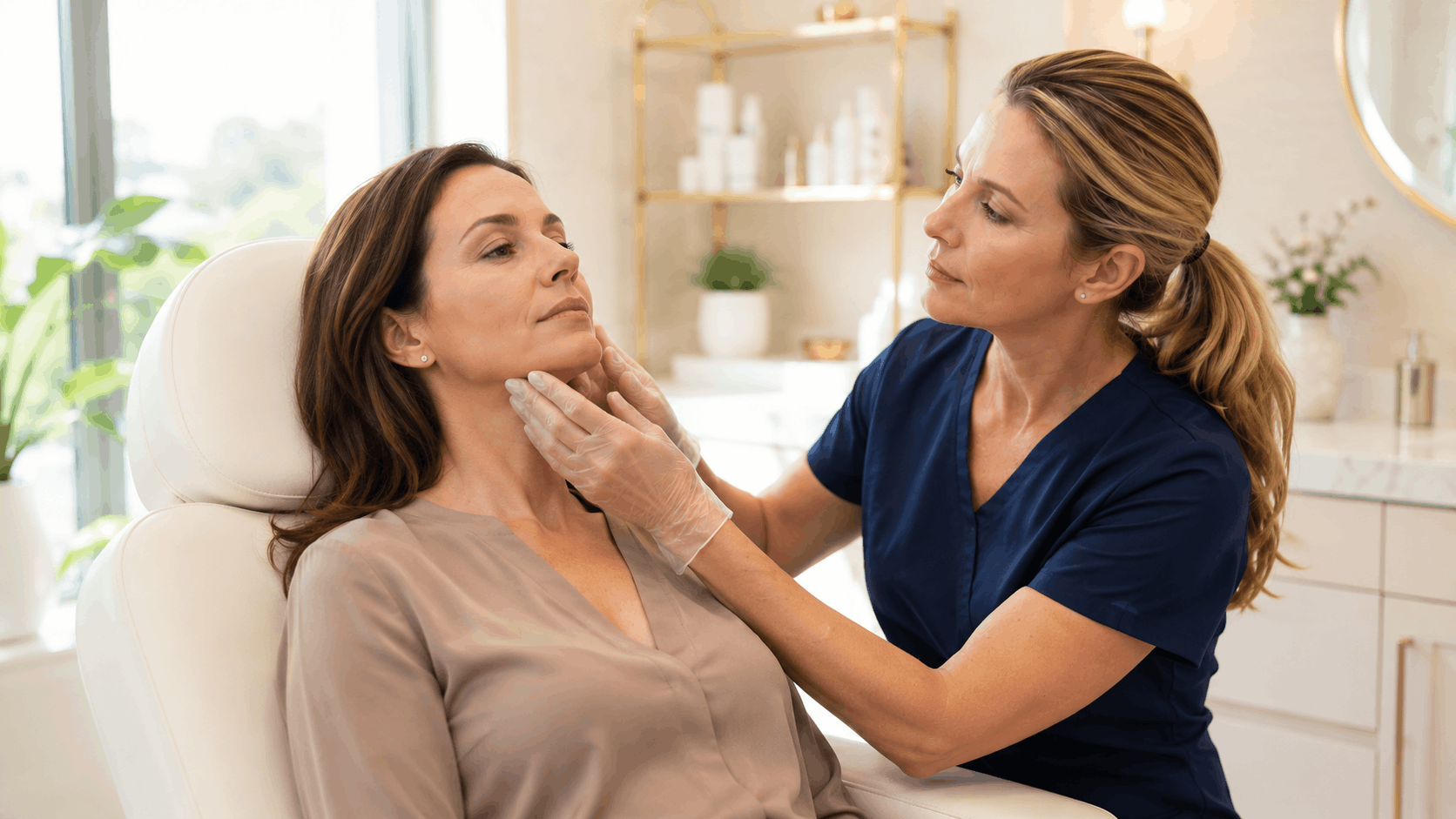 provider evaluating a patient's chin profile before kybella treatment.