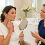 Woman reviewing sun-damaged skin concerns during an aesthetic consultation.