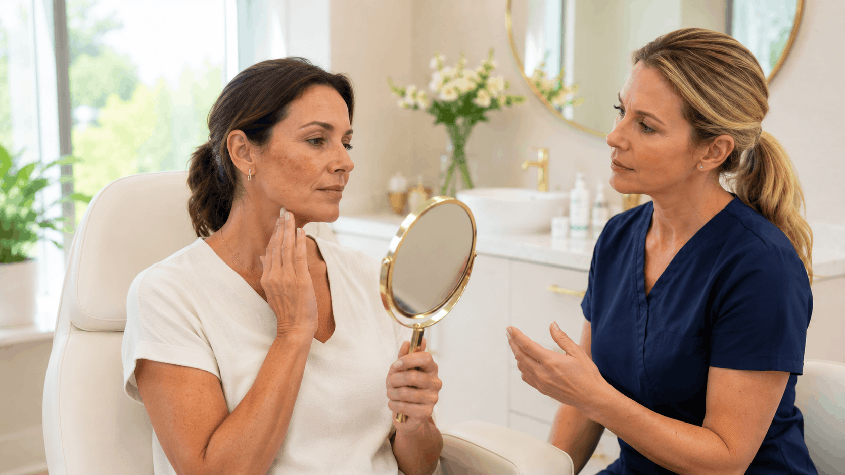 woman reviewing sun-damaged skin concerns during an aesthetic consultation.