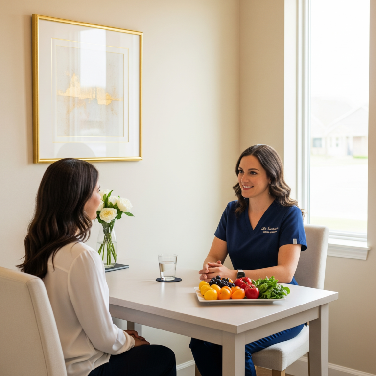 Provider in navy blue uniform discussing healthy foods before and after a medical aesthetic treatment with a patient in a naturally lit clinic.