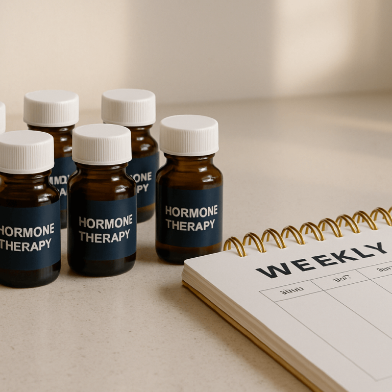 Hormone therapy supplement bottles arranged next to a weekly planner for organized treatment