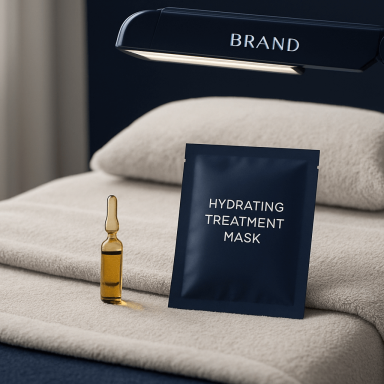 Hydrating treatment mask and ampoule displayed on a spa bed under a treatment light