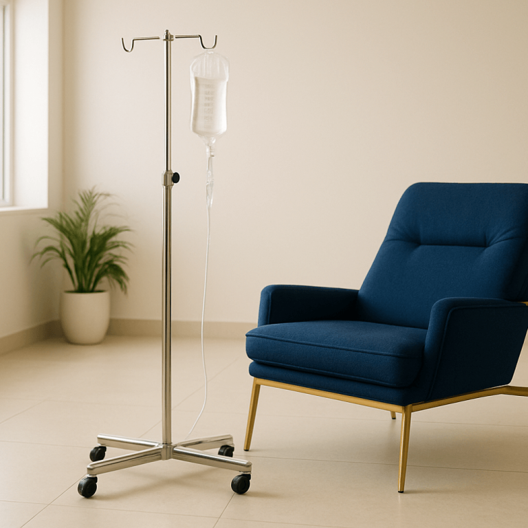 Comfortable blue IV therapy chair with IV bag stand in a modern clinic room