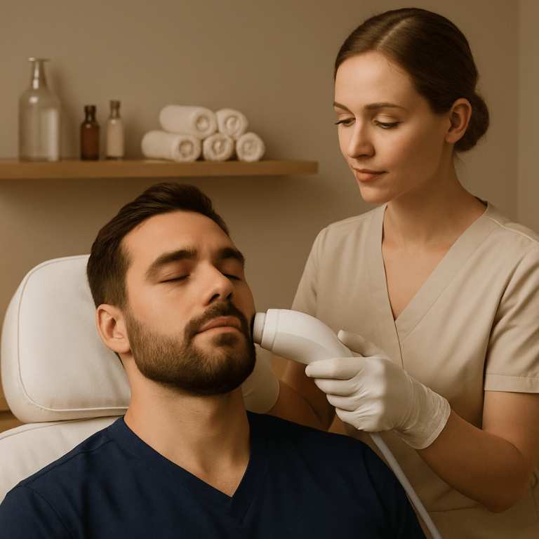 Male client receiving a professional facial treatment with advanced device in a spa setting