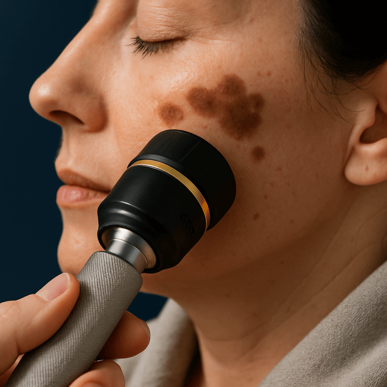 Close-up of a medical device examining pigmentation spots on a woman's cheek