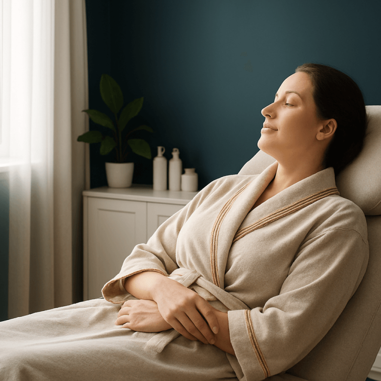 Woman relaxing in a spa chair wearing a robe, enjoying a peaceful medspa experience
