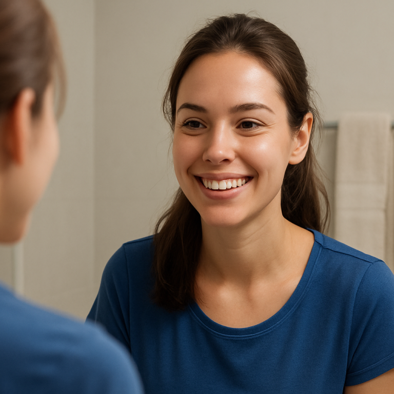 A woman smiling in the mirror with radiant skin after skincare treatments.