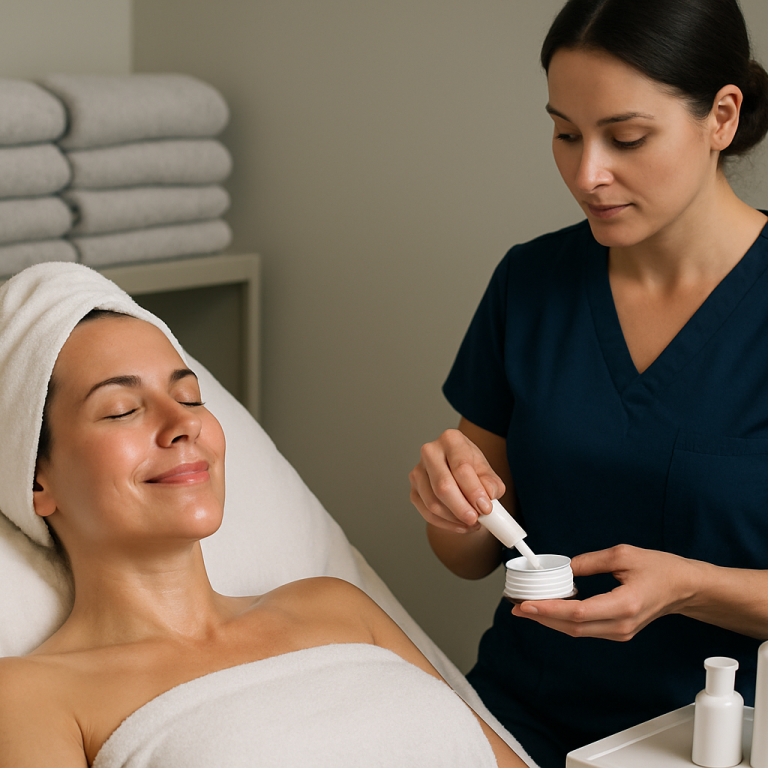 A woman relaxing during a professional facial treatment at Advanced Life Clinic.