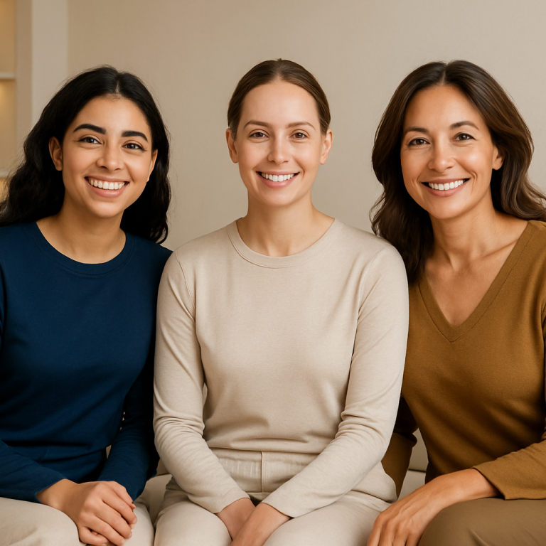 Three women smiling together after skincare treatments at Advanced Life Clinic.