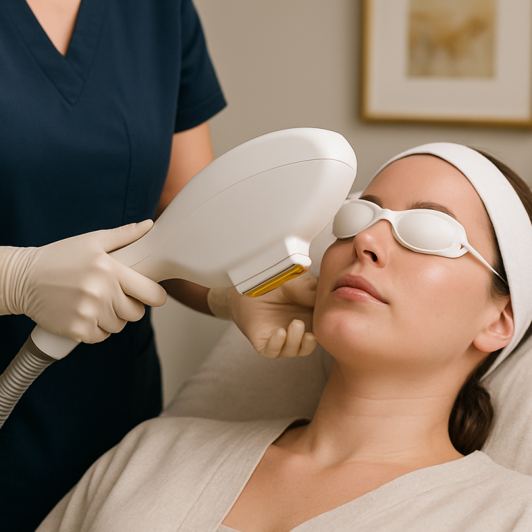 A client undergoing an IPL light therapy session with protective eyewear.