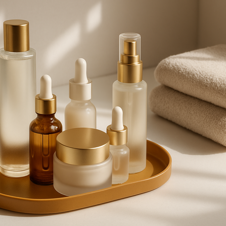 Luxury skincare products with golden lids arranged on a tray at Advanced Life Clinic.
