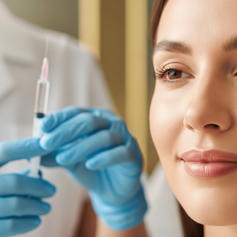 Aesthetic provider preparing a cosmetic injection for a smiling patient.