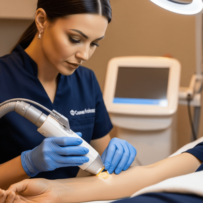 Aesthetic professional performing laser hair removal treatment on a patient’s arm.